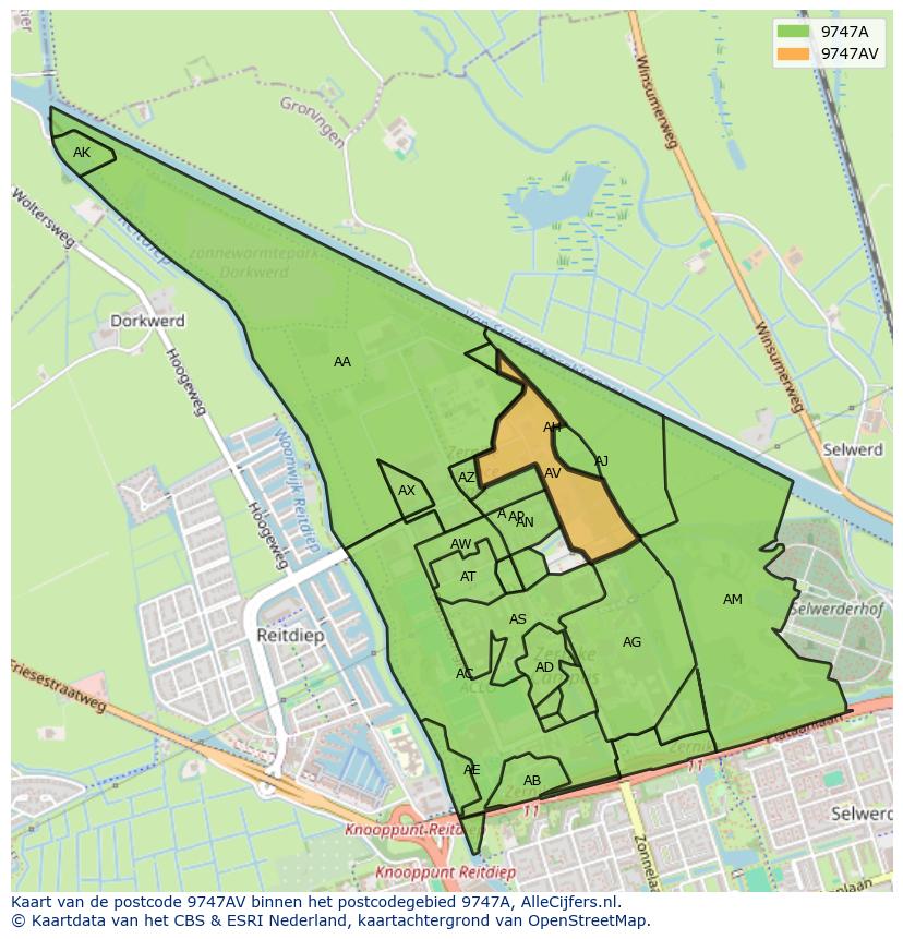Afbeelding van het postcodegebied 9747 AV op de kaart.