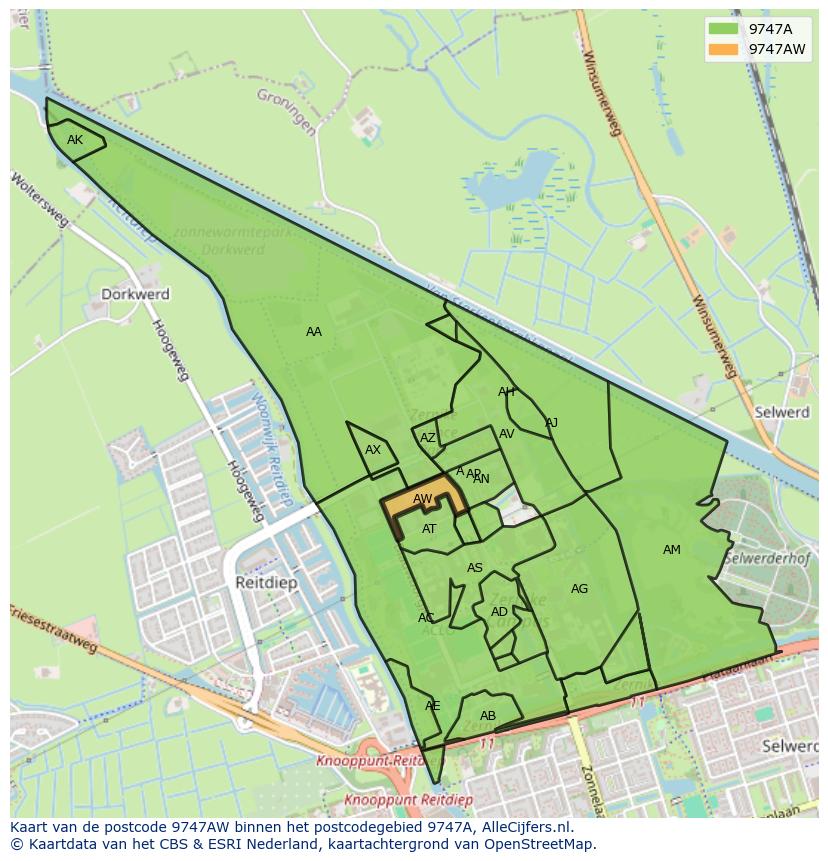 Afbeelding van het postcodegebied 9747 AW op de kaart.