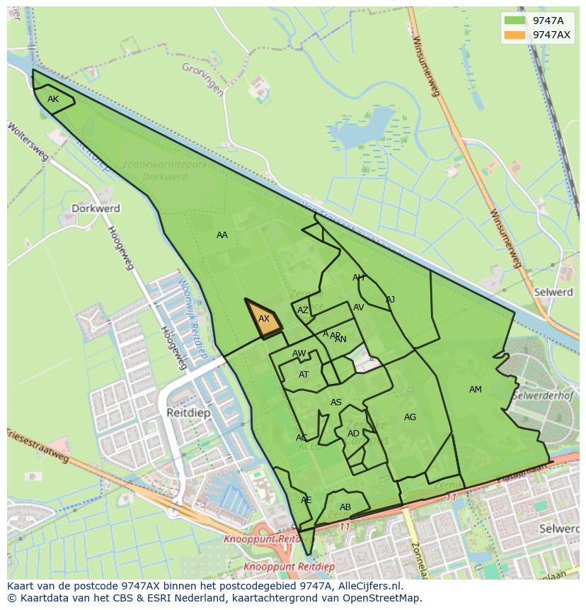 Afbeelding van het postcodegebied 9747 AX op de kaart.