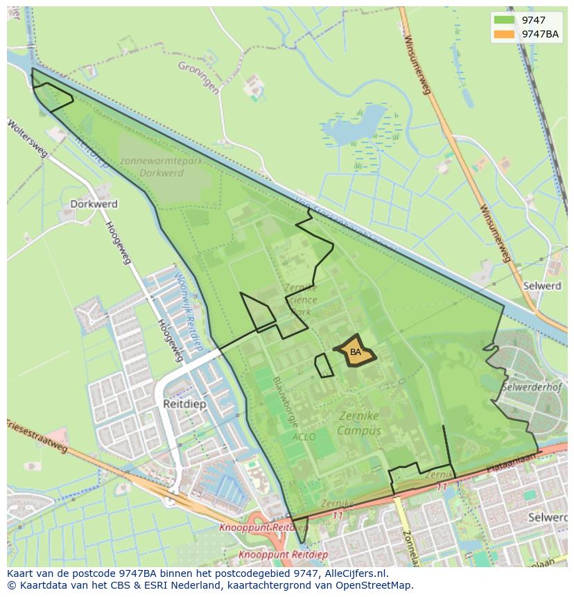 Afbeelding van het postcodegebied 9747 BA op de kaart.
