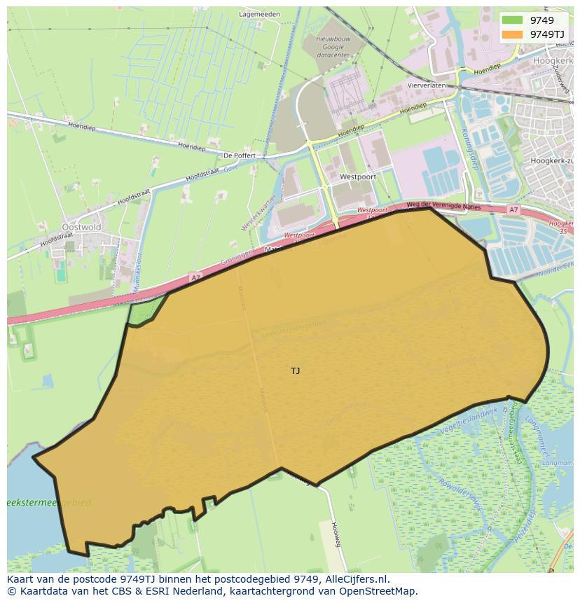 Afbeelding van het postcodegebied 9749 TJ op de kaart.