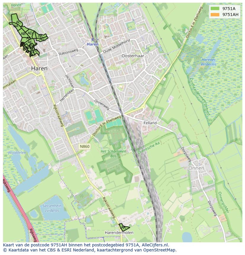 Afbeelding van het postcodegebied 9751 AH op de kaart.