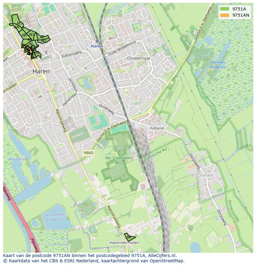 Afbeelding van het postcodegebied 9751 AN op de kaart.