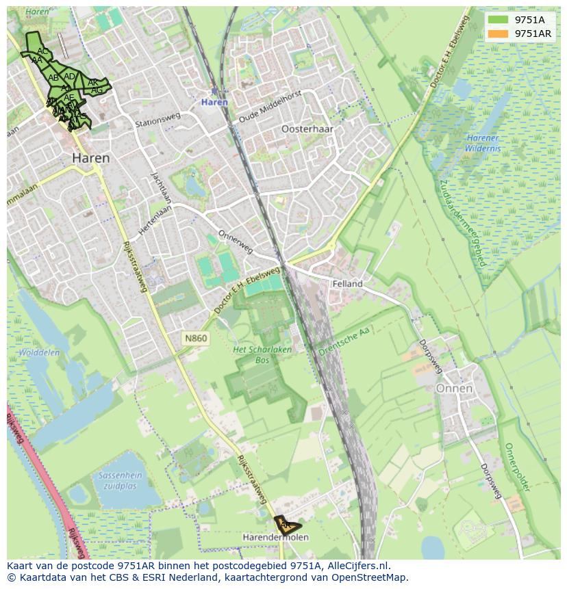 Afbeelding van het postcodegebied 9751 AR op de kaart.