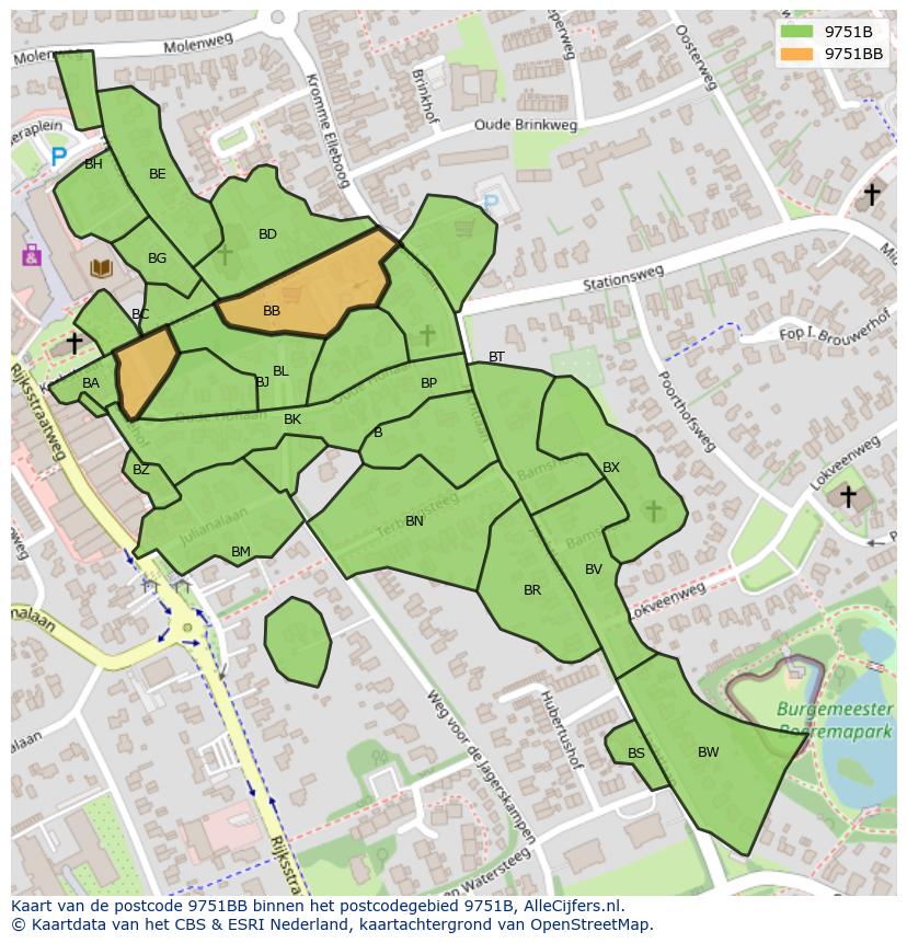 Afbeelding van het postcodegebied 9751 BB op de kaart.