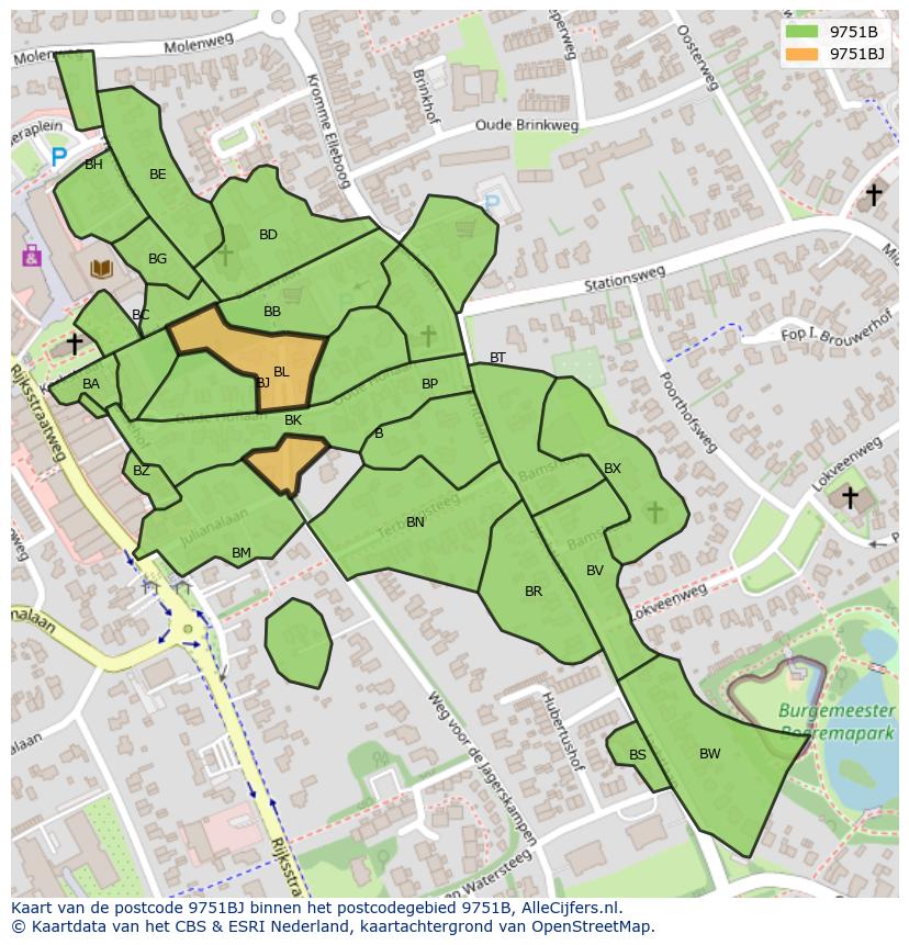 Afbeelding van het postcodegebied 9751 BJ op de kaart.