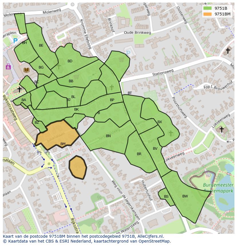 Afbeelding van het postcodegebied 9751 BM op de kaart.