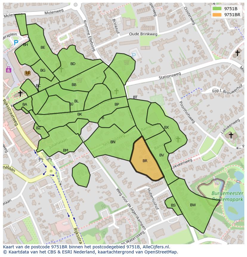 Afbeelding van het postcodegebied 9751 BR op de kaart.
