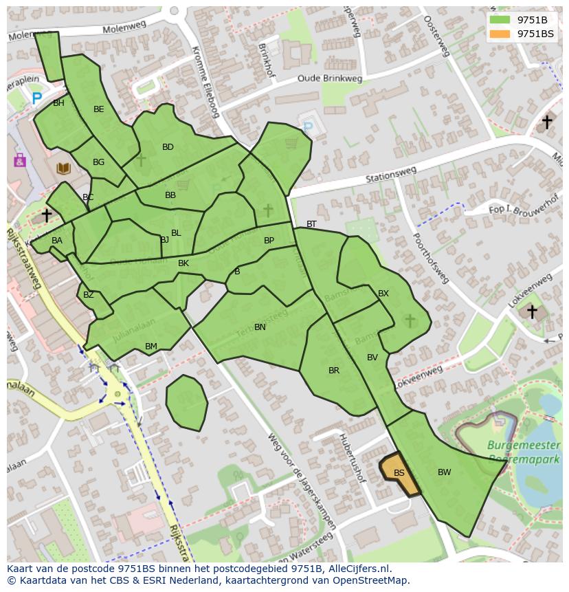 Afbeelding van het postcodegebied 9751 BS op de kaart.