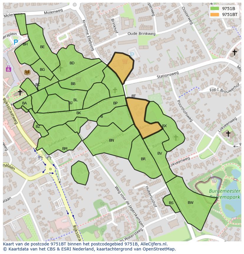 Afbeelding van het postcodegebied 9751 BT op de kaart.