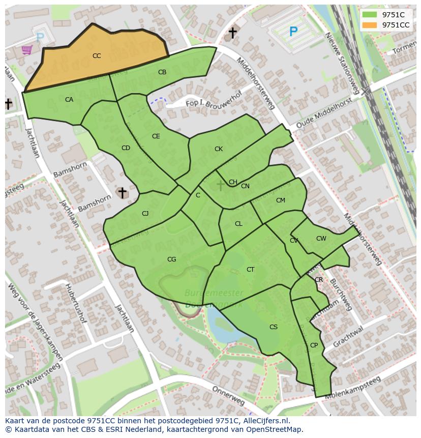 Afbeelding van het postcodegebied 9751 CC op de kaart.