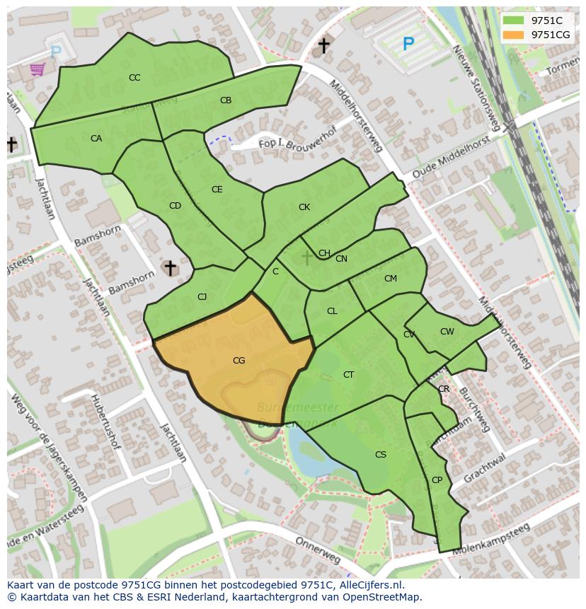 Afbeelding van het postcodegebied 9751 CG op de kaart.