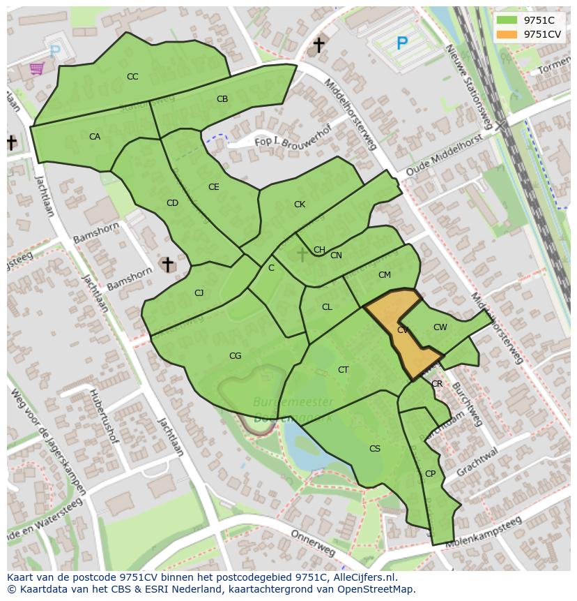 Afbeelding van het postcodegebied 9751 CV op de kaart.
