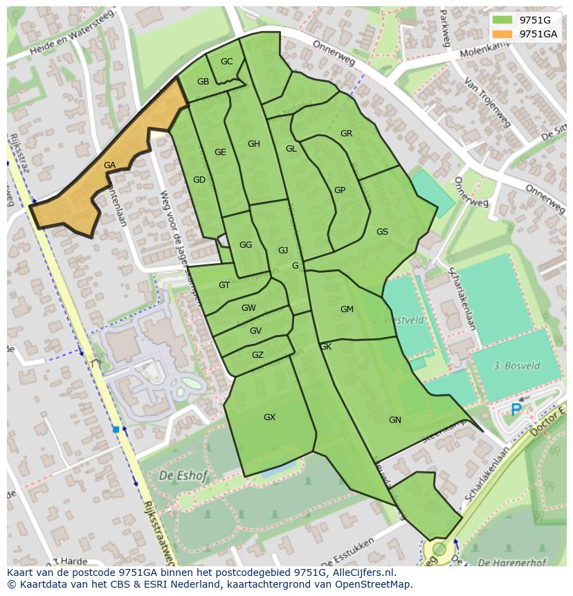 Afbeelding van het postcodegebied 9751 GA op de kaart.