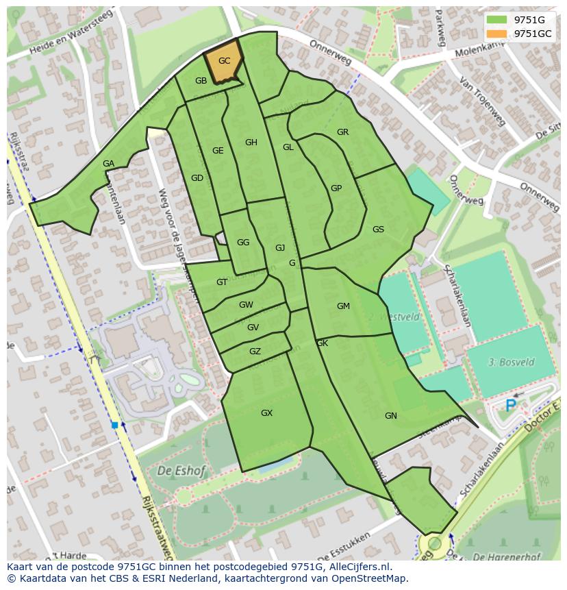 Afbeelding van het postcodegebied 9751 GC op de kaart.