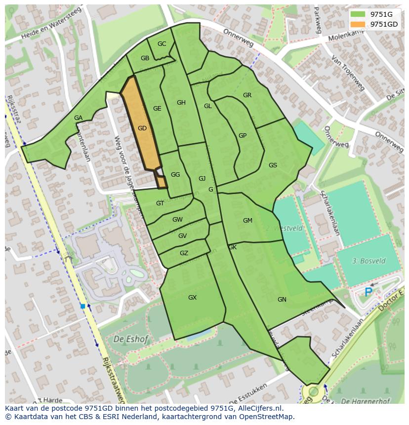 Afbeelding van het postcodegebied 9751 GD op de kaart.