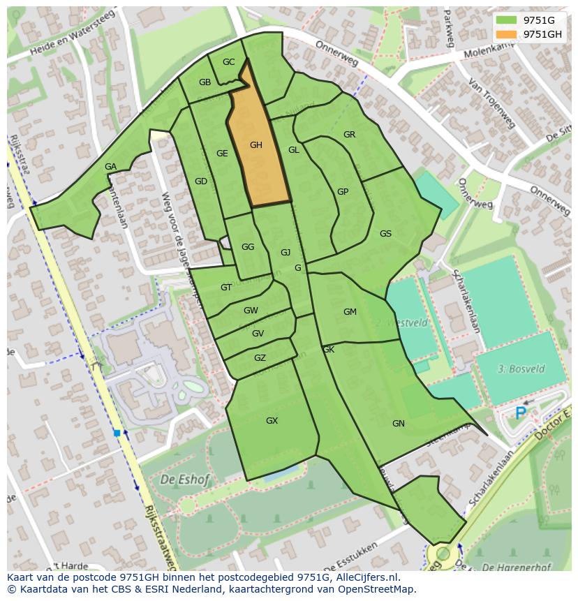Afbeelding van het postcodegebied 9751 GH op de kaart.