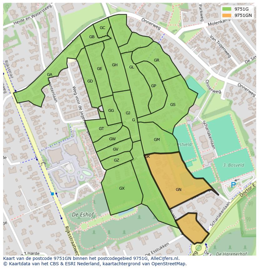 Afbeelding van het postcodegebied 9751 GN op de kaart.