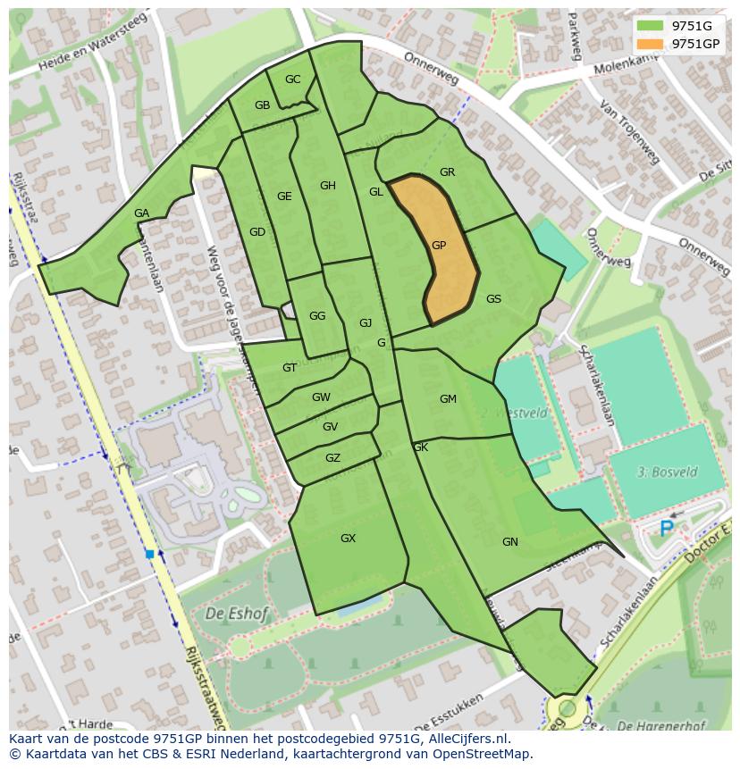 Afbeelding van het postcodegebied 9751 GP op de kaart.