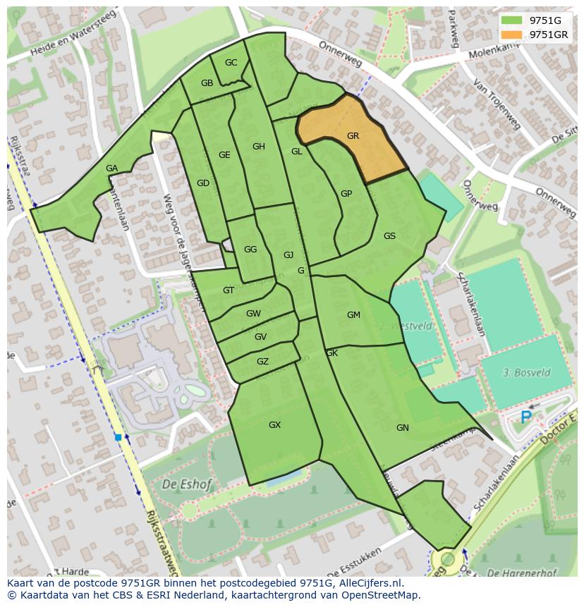 Afbeelding van het postcodegebied 9751 GR op de kaart.
