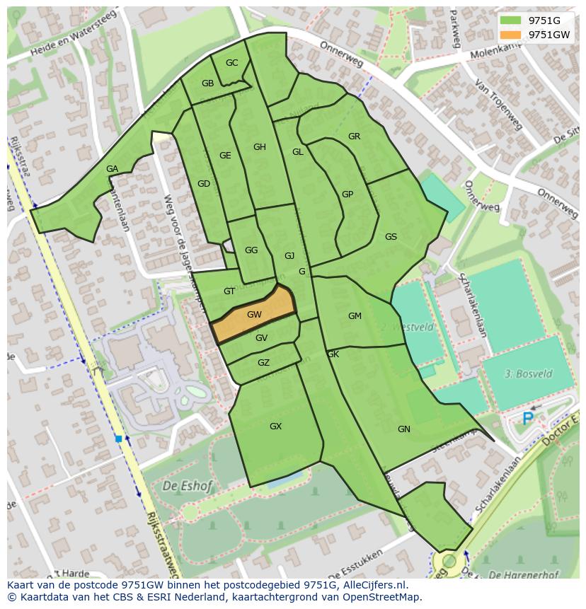 Afbeelding van het postcodegebied 9751 GW op de kaart.