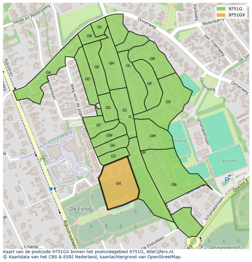 Afbeelding van het postcodegebied 9751 GX op de kaart.