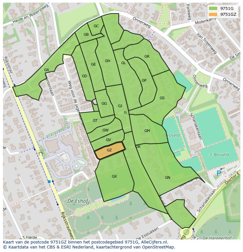 Afbeelding van het postcodegebied 9751 GZ op de kaart.