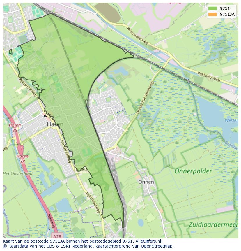 Afbeelding van het postcodegebied 9751 JA op de kaart.
