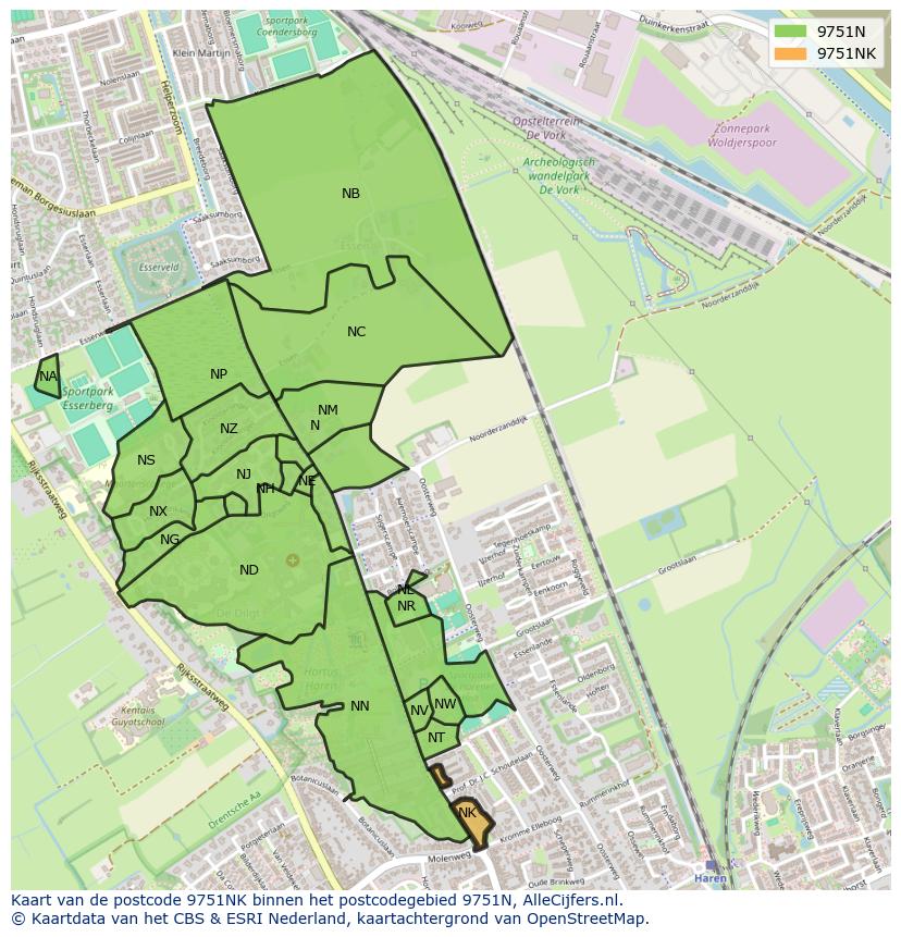 Afbeelding van het postcodegebied 9751 NK op de kaart.