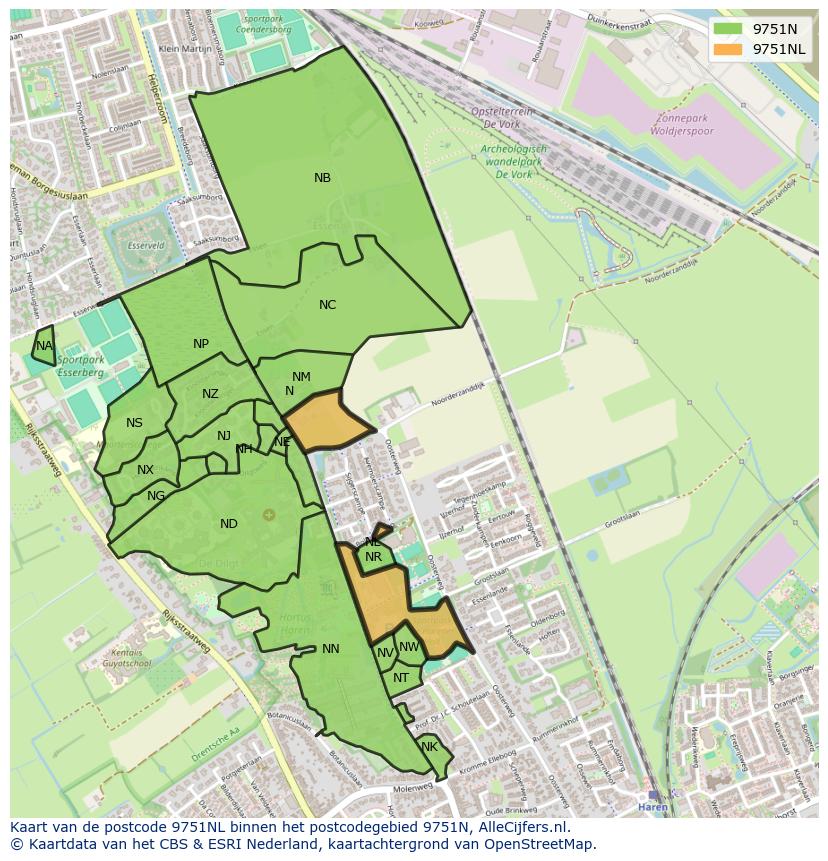 Afbeelding van het postcodegebied 9751 NL op de kaart.