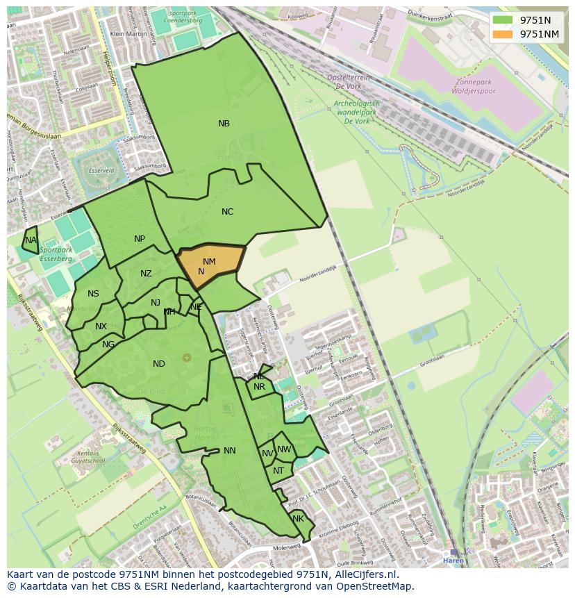 Afbeelding van het postcodegebied 9751 NM op de kaart.