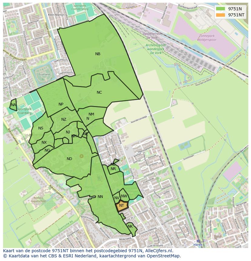 Afbeelding van het postcodegebied 9751 NT op de kaart.