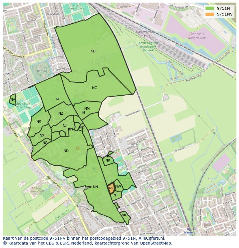 Afbeelding van het postcodegebied 9751 NV op de kaart.