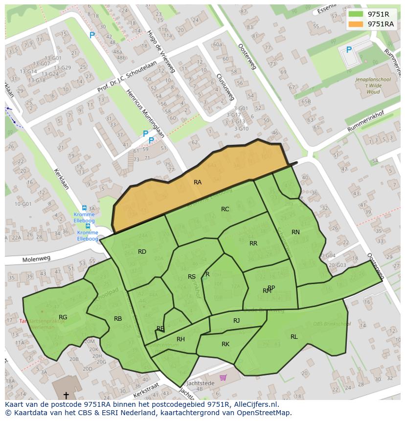 Afbeelding van het postcodegebied 9751 RA op de kaart.