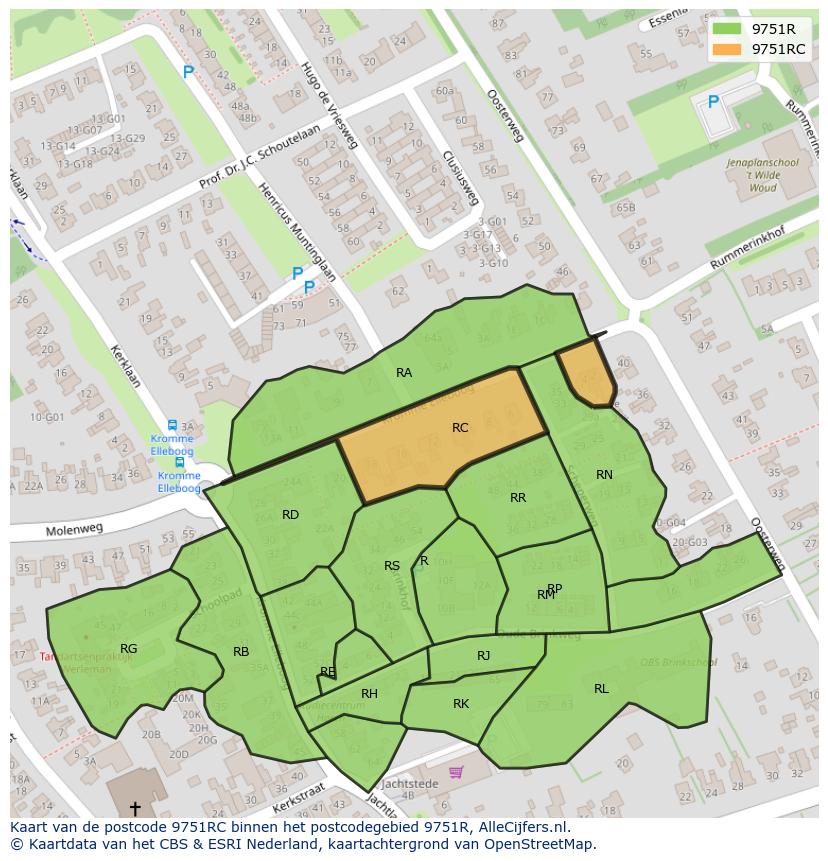 Afbeelding van het postcodegebied 9751 RC op de kaart.