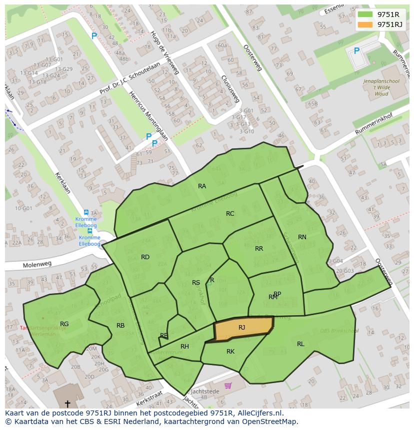 Afbeelding van het postcodegebied 9751 RJ op de kaart.