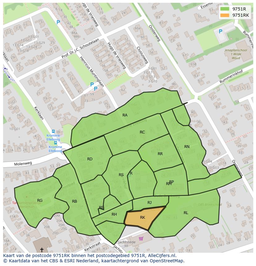 Afbeelding van het postcodegebied 9751 RK op de kaart.