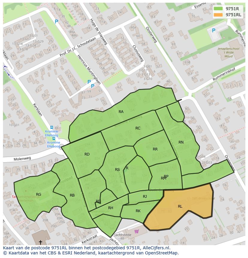 Afbeelding van het postcodegebied 9751 RL op de kaart.