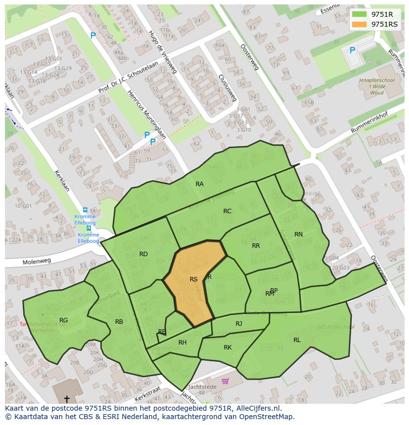 Afbeelding van het postcodegebied 9751 RS op de kaart.