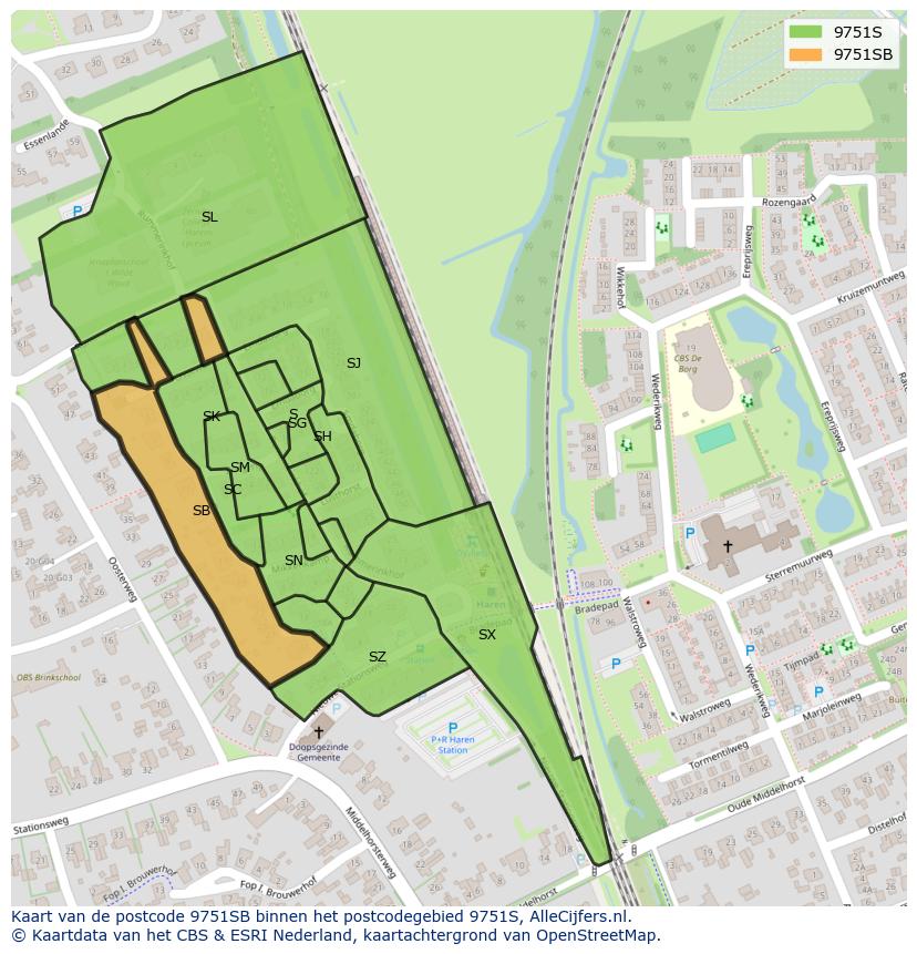 Afbeelding van het postcodegebied 9751 SB op de kaart.