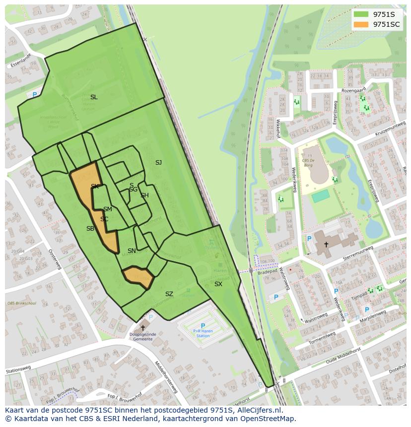 Afbeelding van het postcodegebied 9751 SC op de kaart.