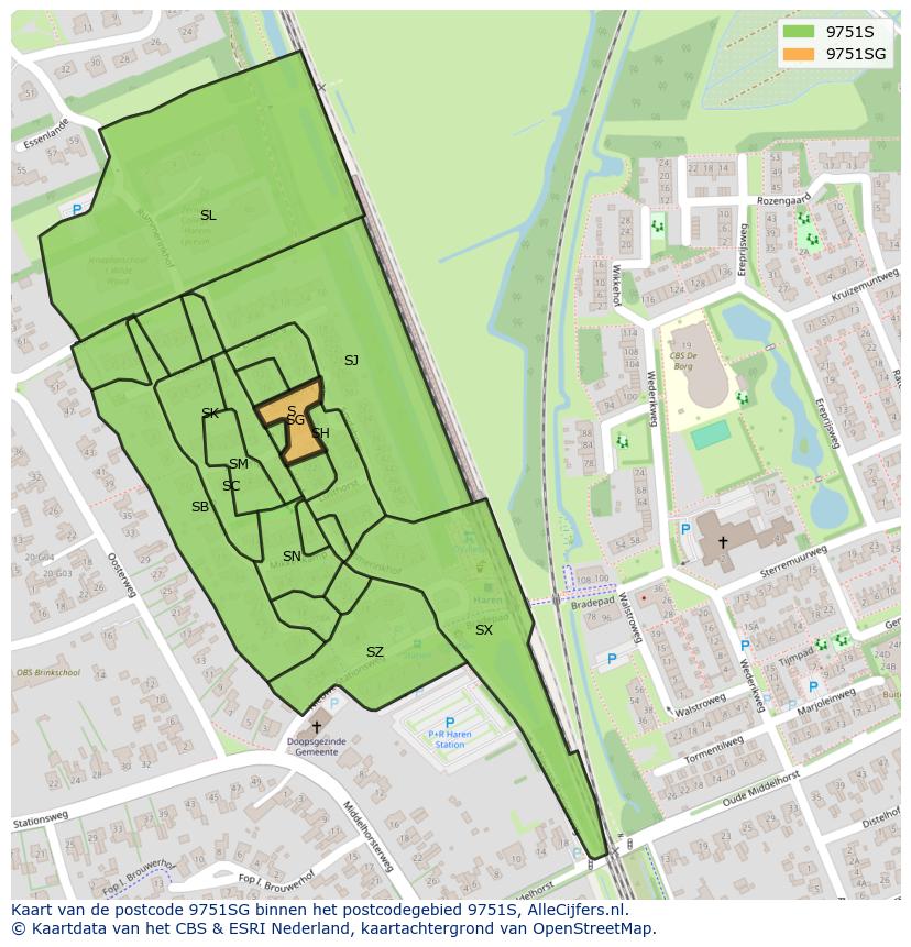 Afbeelding van het postcodegebied 9751 SG op de kaart.
