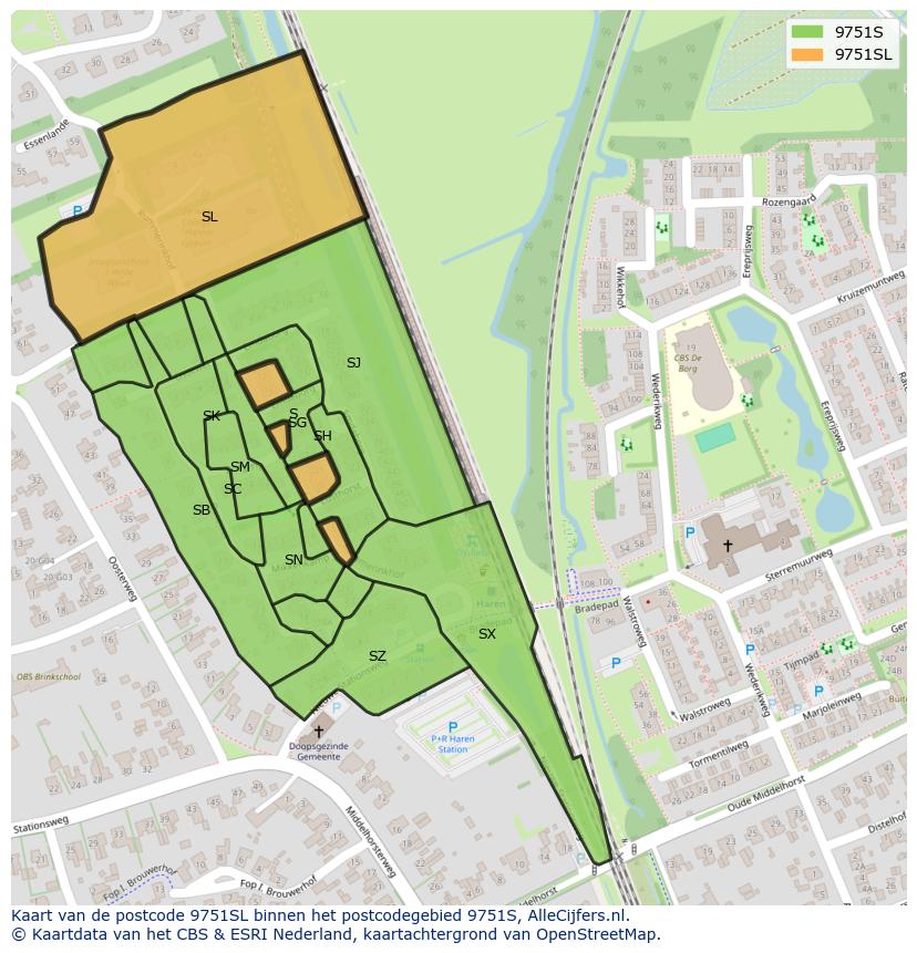 Afbeelding van het postcodegebied 9751 SL op de kaart.