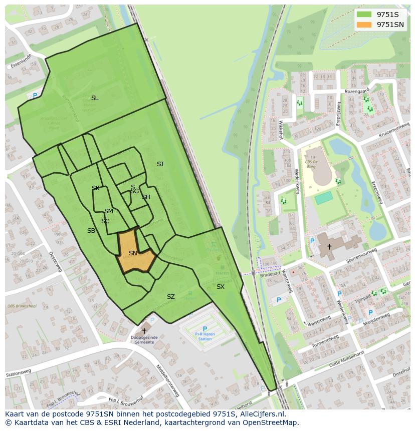 Afbeelding van het postcodegebied 9751 SN op de kaart.