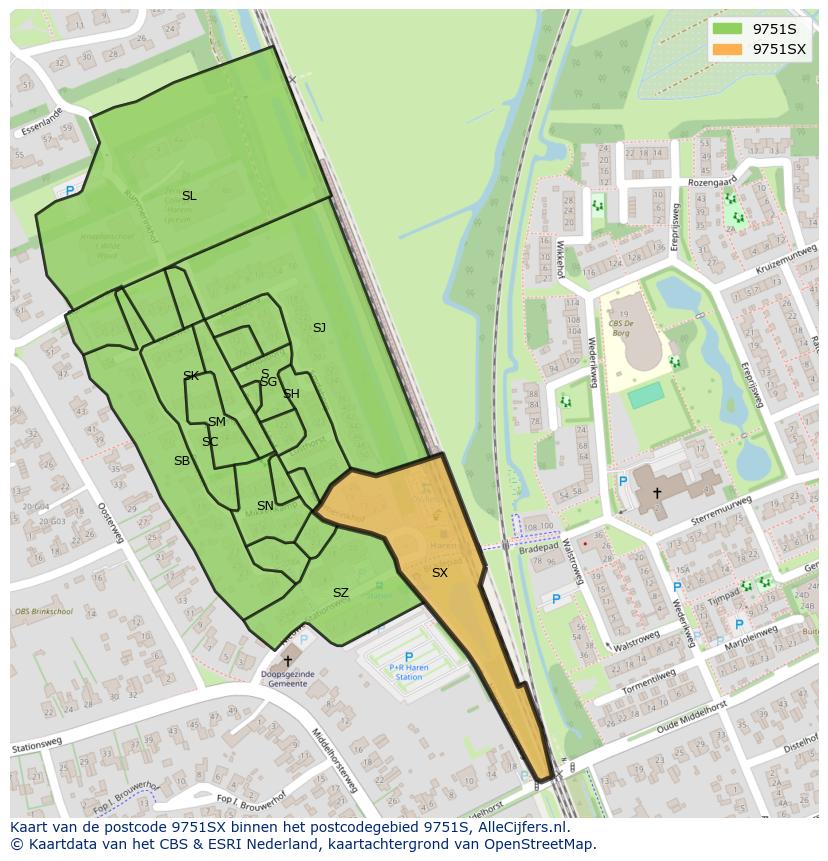 Afbeelding van het postcodegebied 9751 SX op de kaart.