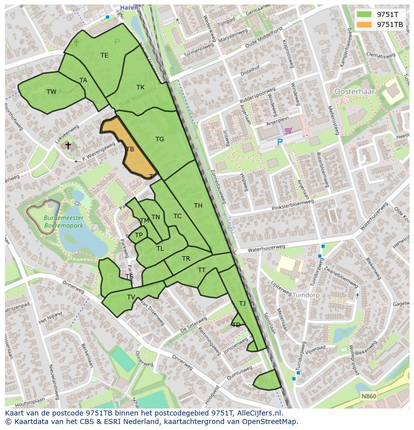Afbeelding van het postcodegebied 9751 TB op de kaart.
