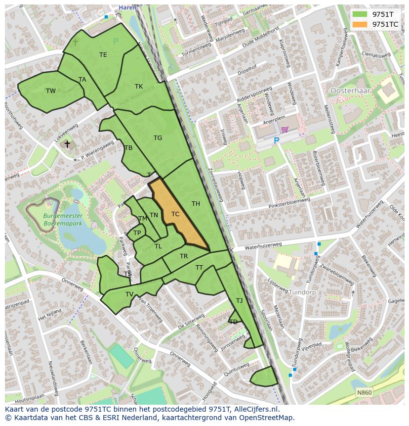 Afbeelding van het postcodegebied 9751 TC op de kaart.