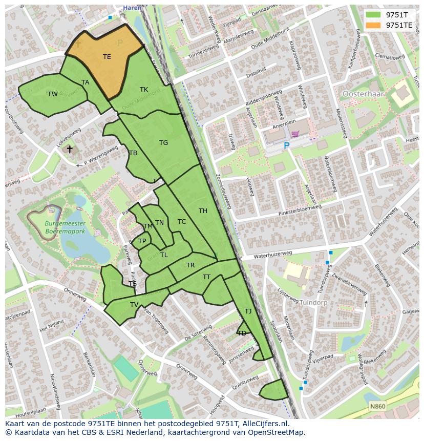 Afbeelding van het postcodegebied 9751 TE op de kaart.