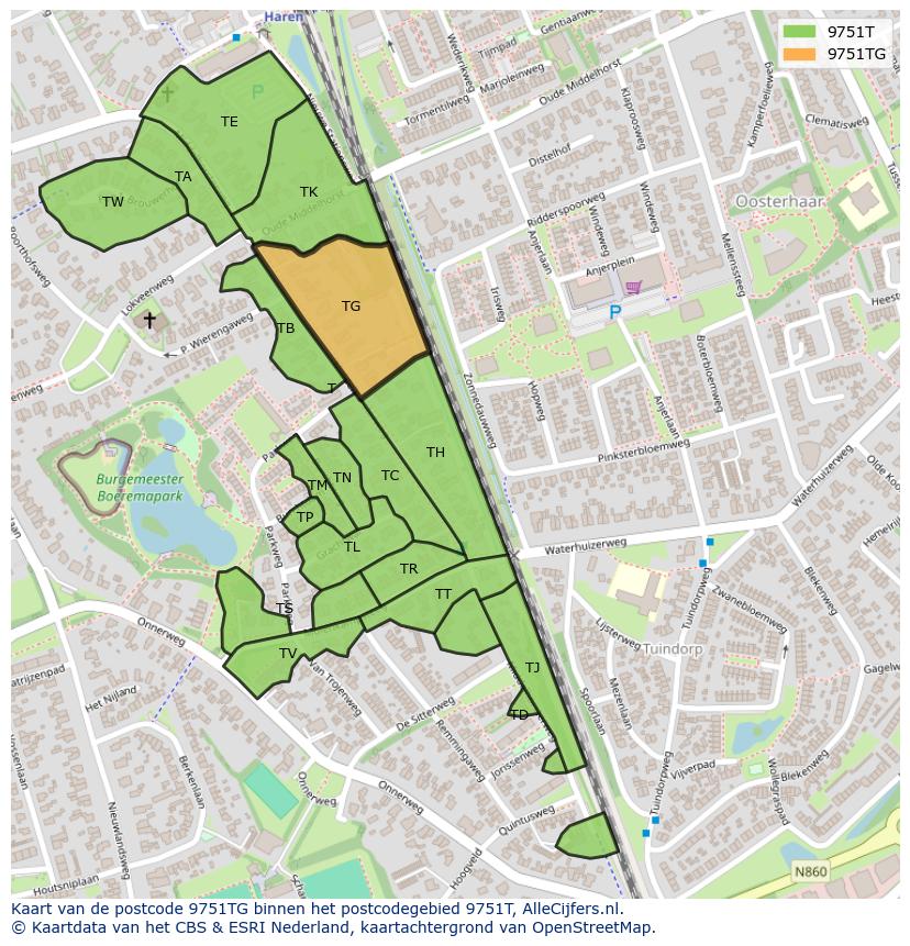 Afbeelding van het postcodegebied 9751 TG op de kaart.
