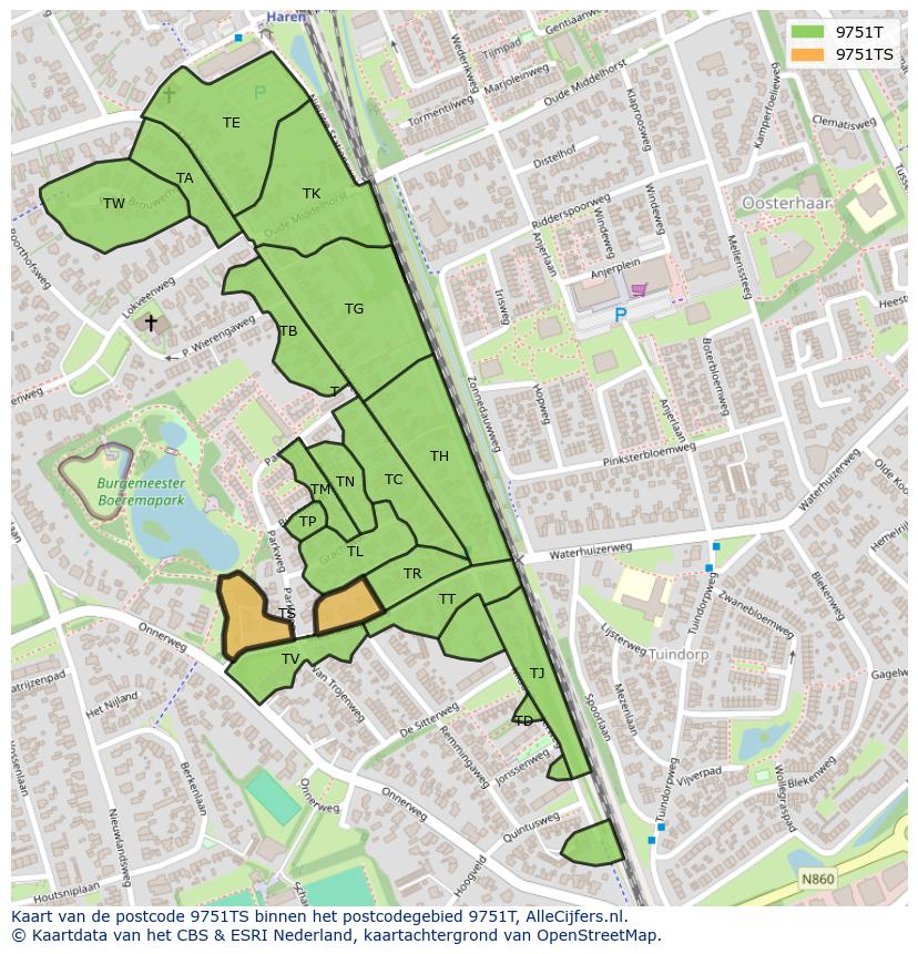Afbeelding van het postcodegebied 9751 TS op de kaart.